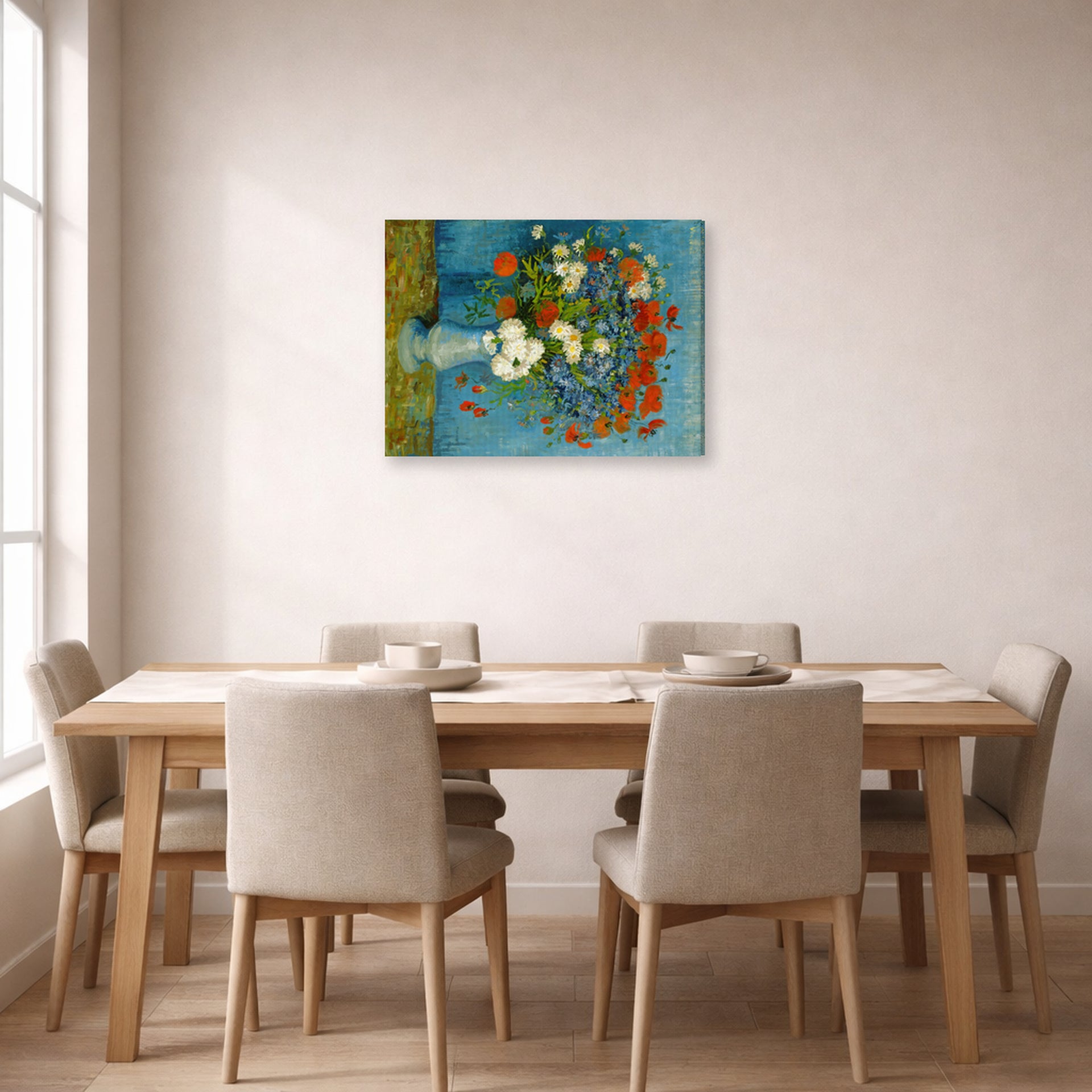 Gallery-wrapped canvas print of Vincent van Gogh's Vase with Cornflowers and Poppies displayed on a wall in a dining room