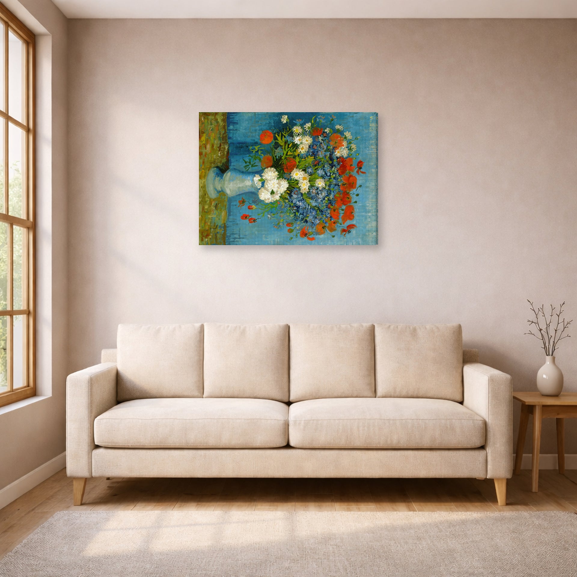 Gallery-wrapped canvas print of Vincent van Gogh's Vase with Cornflowers and Poppies displayed on a wall in a living room