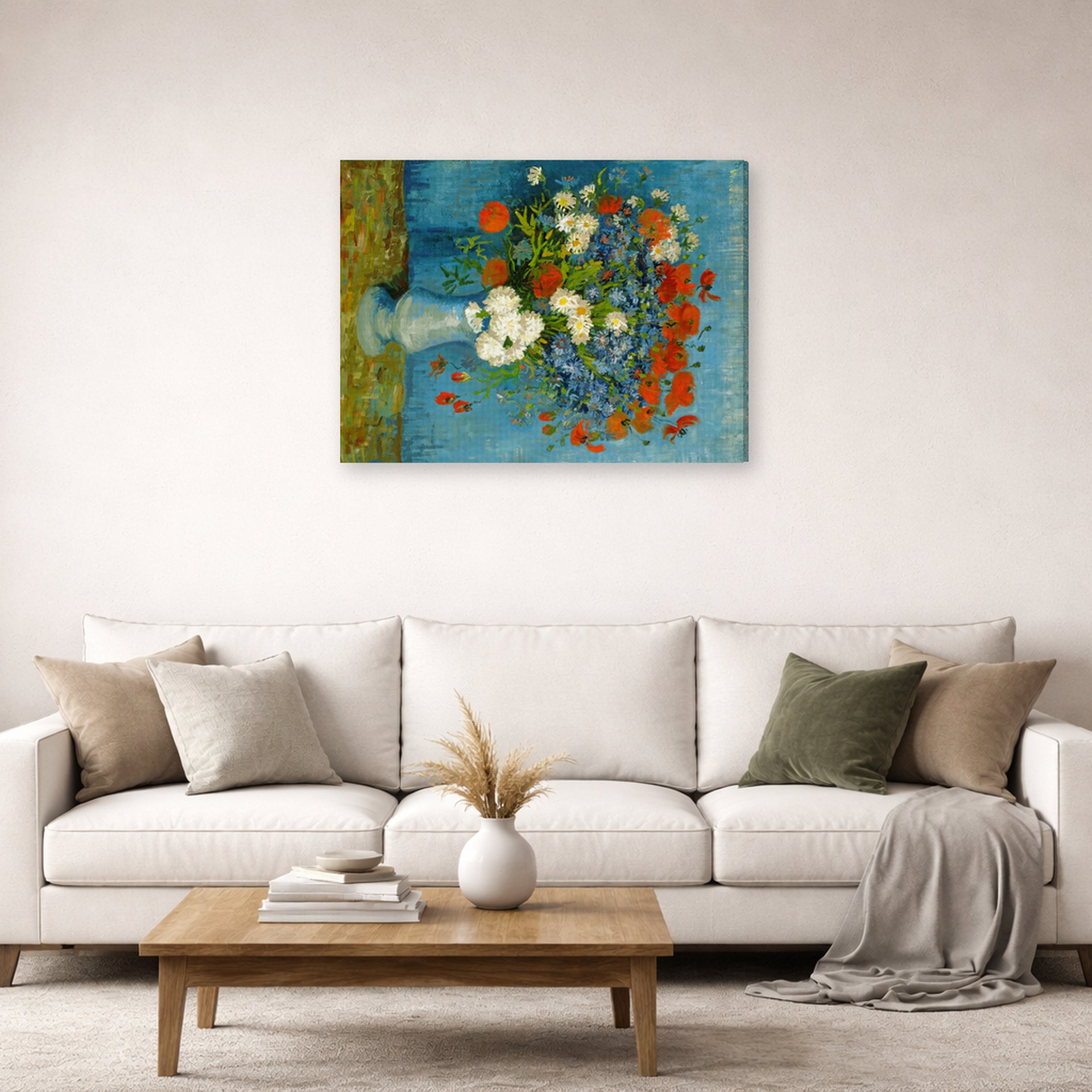 Gallery-wrapped canvas print of Vincent van Gogh's Vase with Cornflowers and Poppies displayed on a wall in a living room