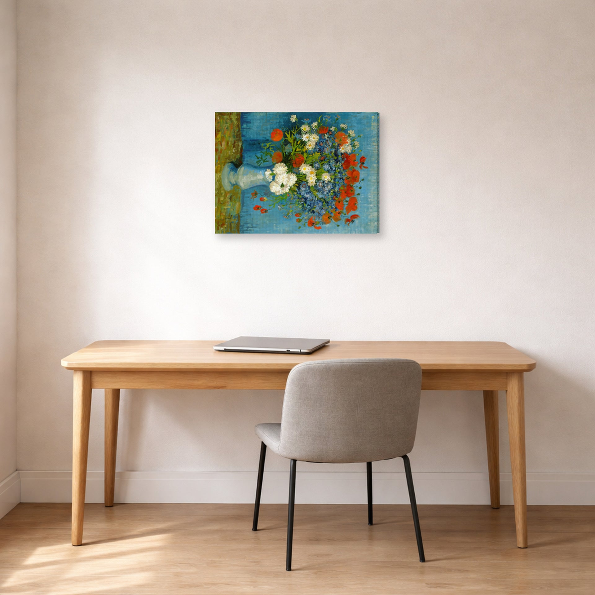 Gallery-wrapped canvas print of Vincent van Gogh's Vase with Cornflowers and Poppies displayed on a wall in a home office