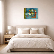 Unframed poster print of Vincent van Gogh's Vase with Cornflowers and Poppies displayed on a wall in a bedroom