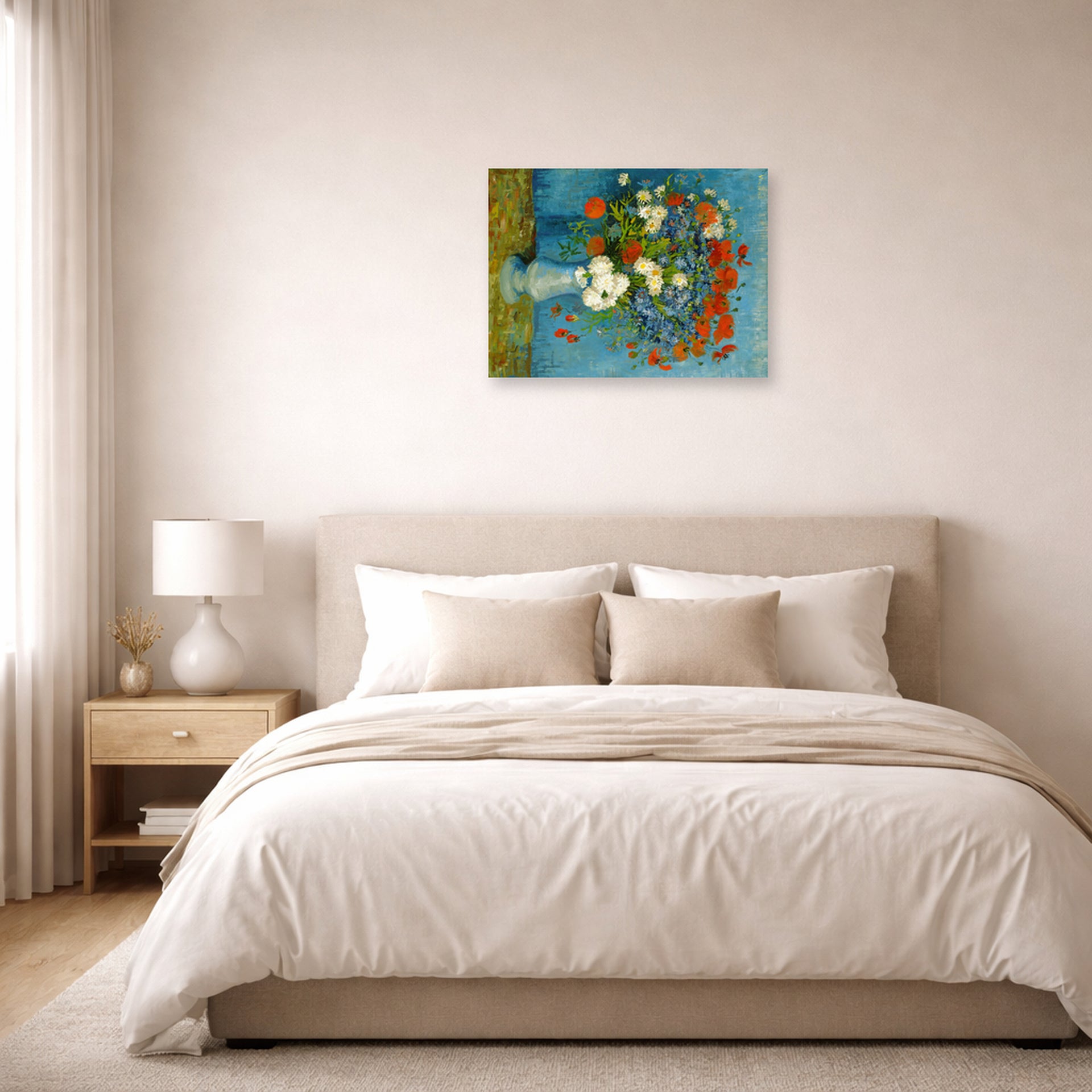 Unframed poster print of Vincent van Gogh's Vase with Cornflowers and Poppies displayed on a wall in a bedroom