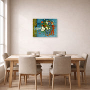 Unframed poster print of Vincent van Gogh's Vase with Cornflowers and Poppies displayed on a wall in a dining room