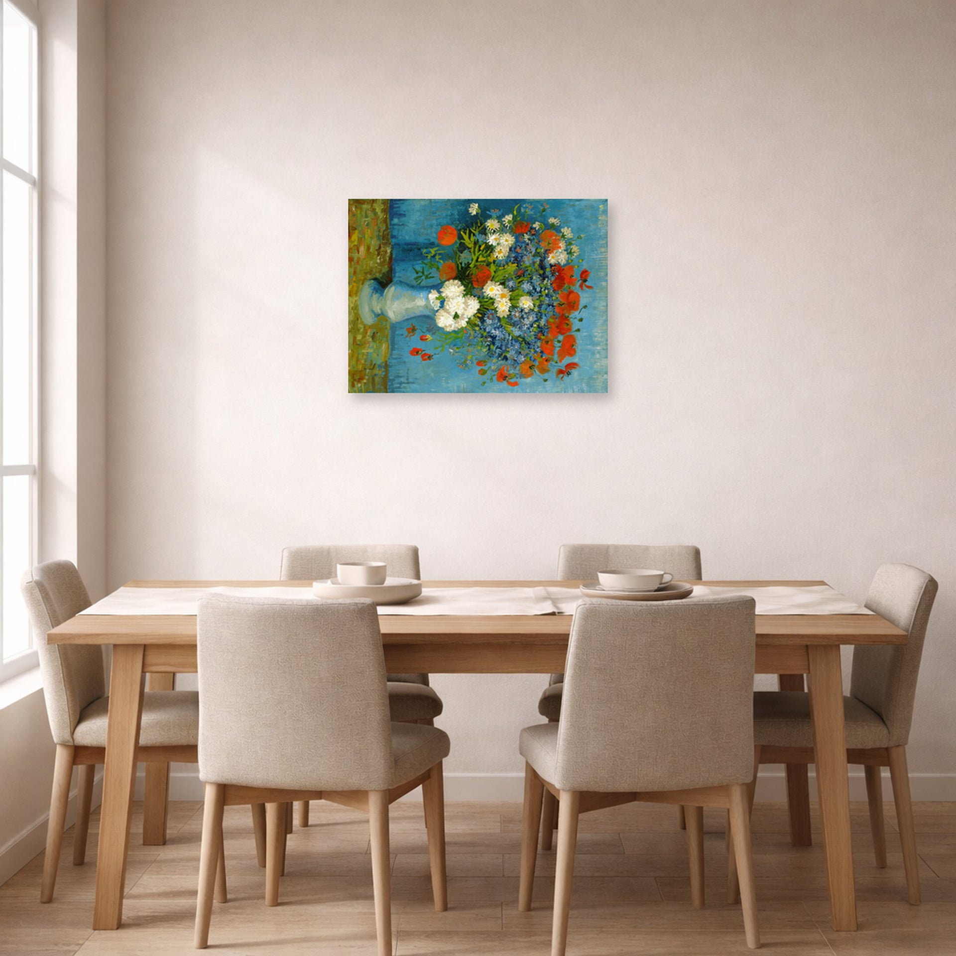 Unframed poster print of Vincent van Gogh's Vase with Cornflowers and Poppies displayed on a wall in a dining room