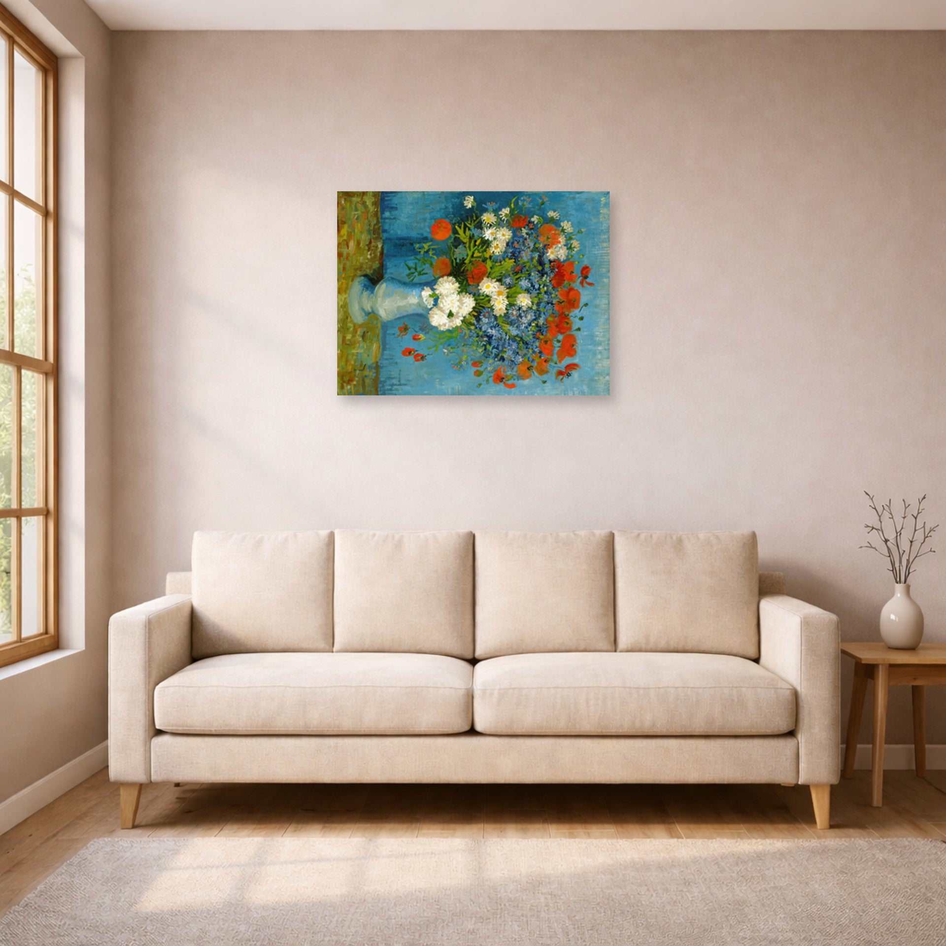 Unframed poster print of Vincent van Gogh's Vase with Cornflowers and Poppies displayed on a wall in a living room