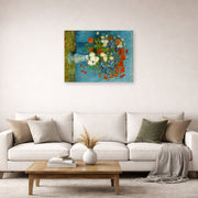 Unframed poster print of Vincent van Gogh's Vase with Cornflowers and Poppies displayed on a wall in a living room