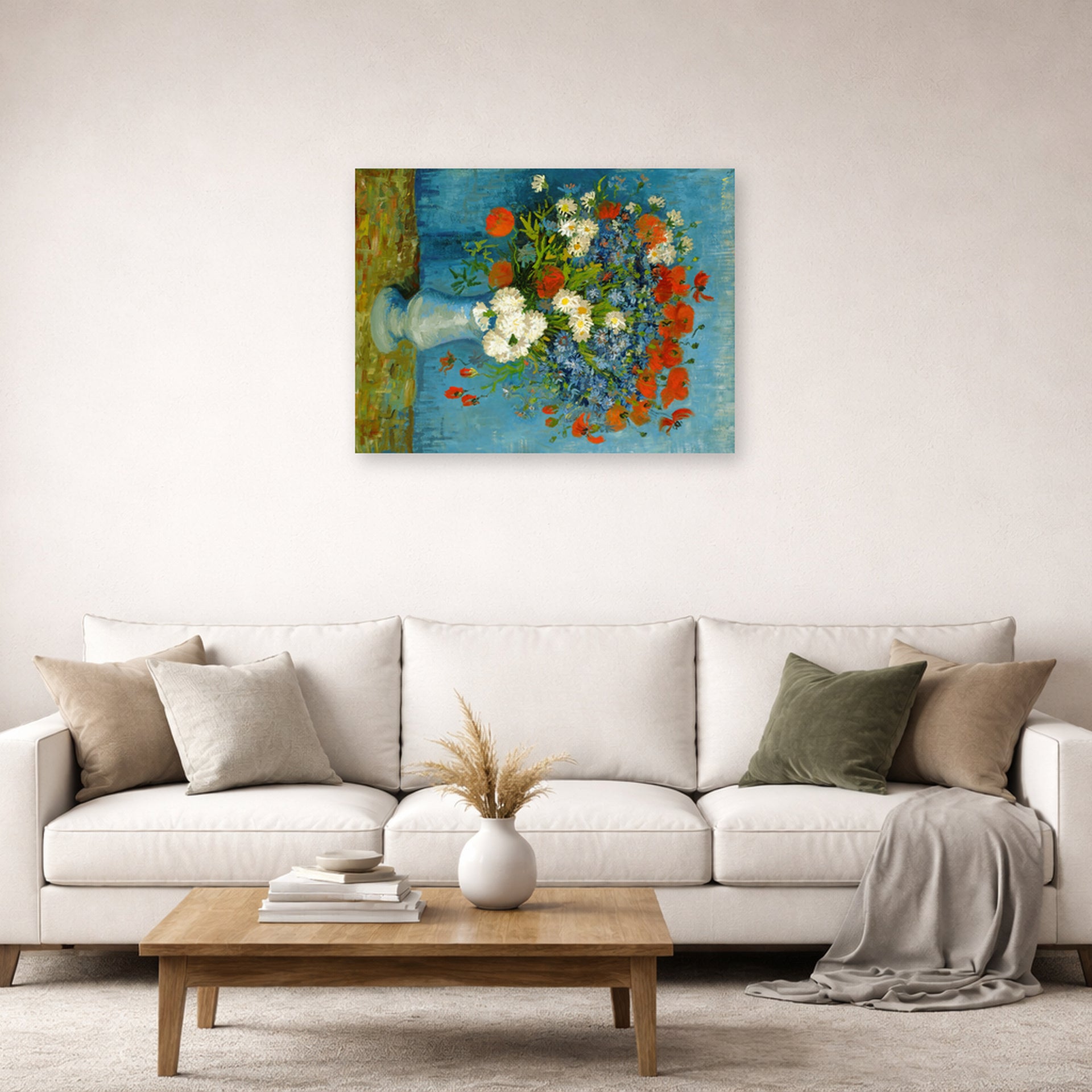 Unframed poster print of Vincent van Gogh's Vase with Cornflowers and Poppies displayed on a wall in a living room