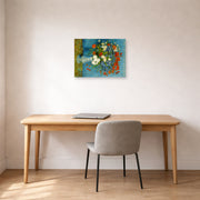 Unframed poster print of Vincent van Gogh's Vase with Cornflowers and Poppies displayed on a wall in a home office