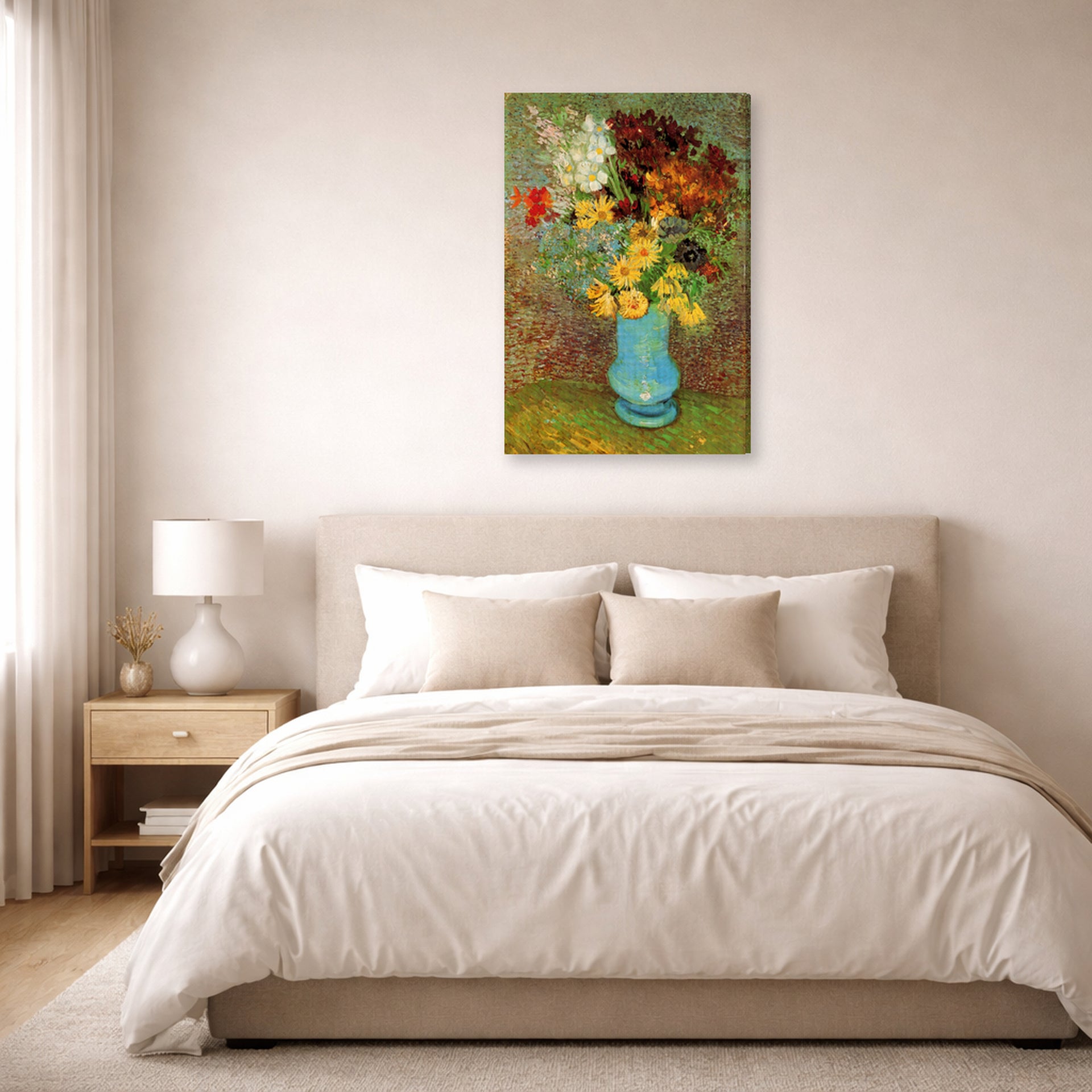 Gallery-wrapped canvas print of Vincent van Gogh's Vase with Daisies and Anemones displayed on a wall in a bedroom