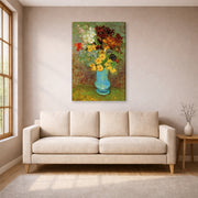 Gallery-wrapped canvas print of Vincent van Gogh's Vase with Daisies and Anemones displayed on a wall in a living room