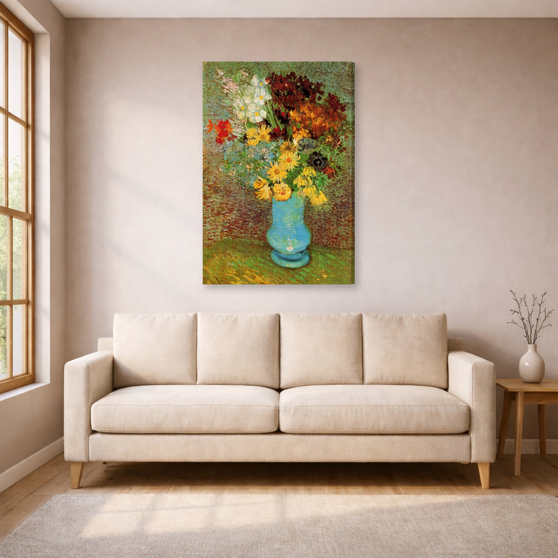 Gallery-wrapped canvas print of Vincent van Gogh's Vase with Daisies and Anemones displayed on a wall in a living room
