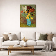 Gallery-wrapped canvas print of Vincent van Gogh's Vase with Daisies and Anemones displayed on a wall in a living room