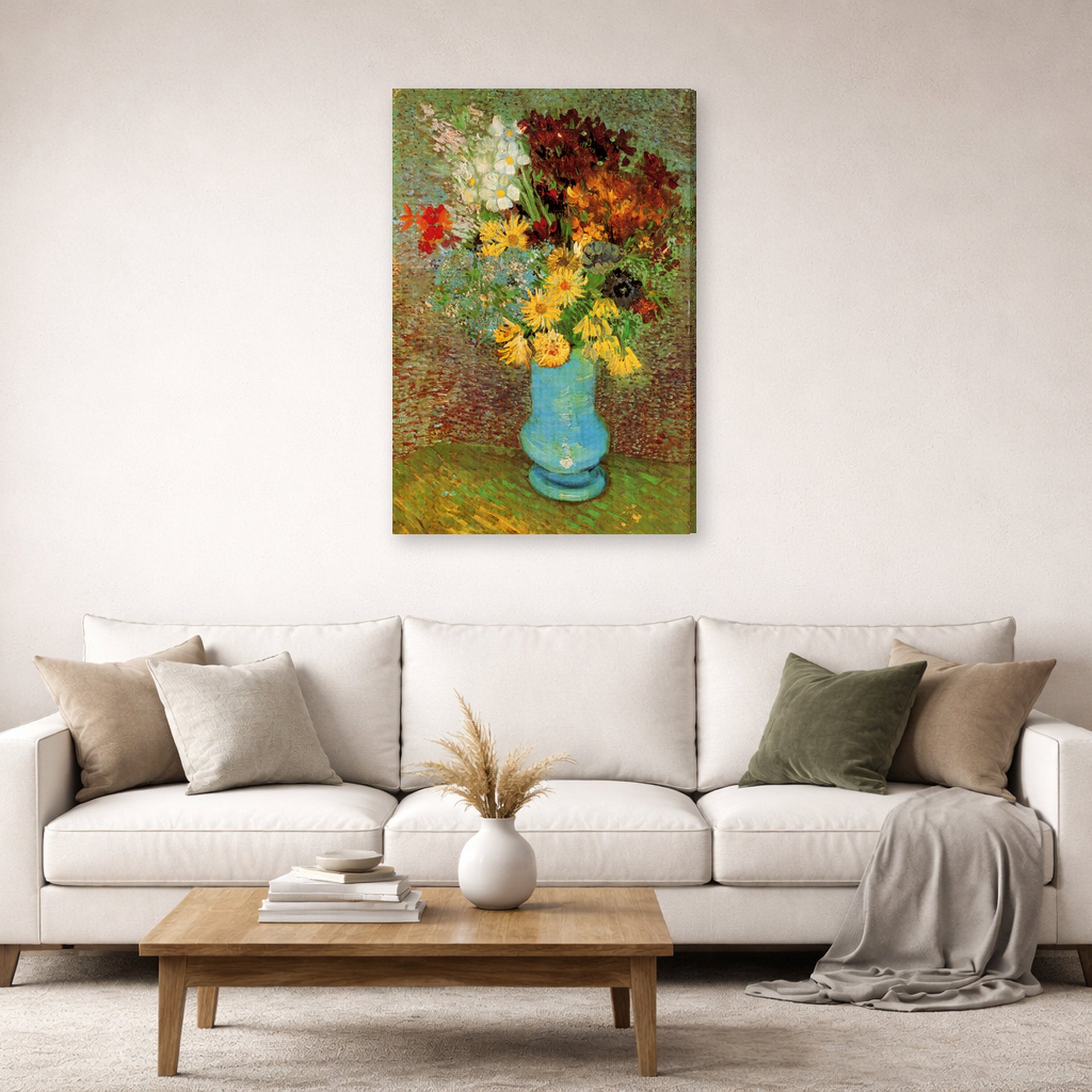Gallery-wrapped canvas print of Vincent van Gogh's Vase with Daisies and Anemones displayed on a wall in a living room