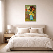 Unframed poster print of Vincent van Gogh's Vase with Daisies and Anemones displayed on a wall in a bedroom