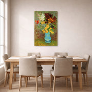 Unframed poster print of Vincent van Gogh's Vase with Daisies and Anemones displayed on a wall in a dining room