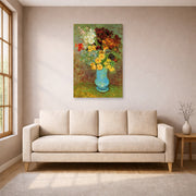Unframed poster print of Vincent van Gogh's Vase with Daisies and Anemones displayed on a wall in a living room