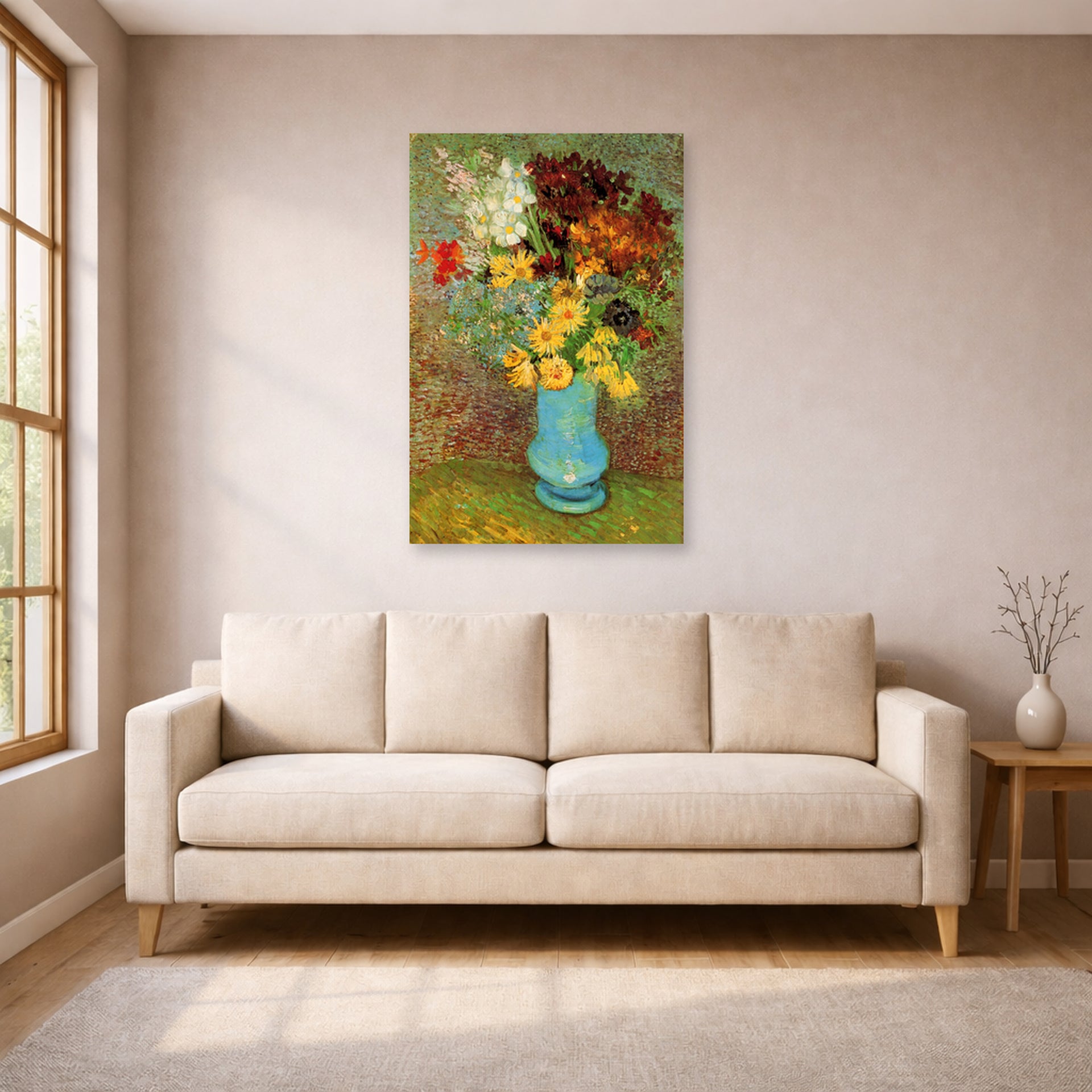 Unframed poster print of Vincent van Gogh's Vase with Daisies and Anemones displayed on a wall in a living room