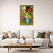 Unframed poster print of Vincent van Gogh's Vase with Daisies and Anemones displayed on a wall in a living room