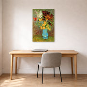 Unframed poster print of Vincent van Gogh's Vase with Daisies and Anemones displayed on a wall in a home office