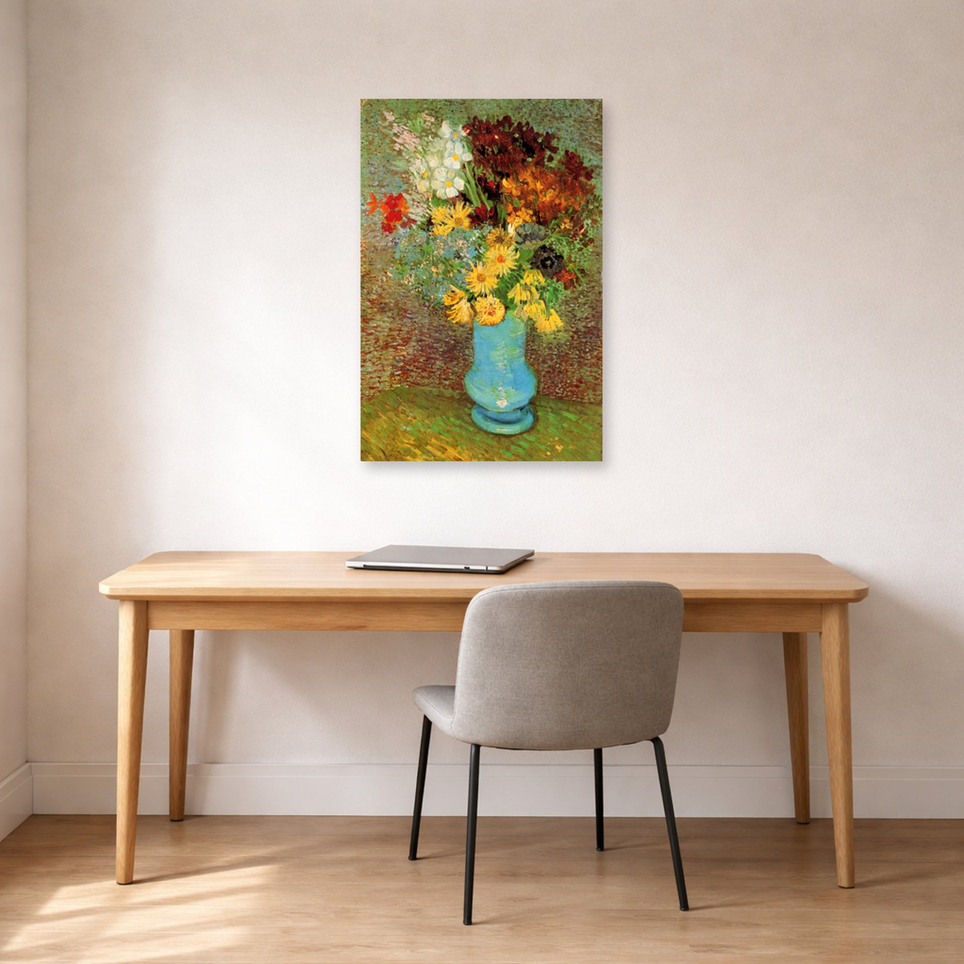 Unframed poster print of Vincent van Gogh's Vase with Daisies and Anemones displayed on a wall in a home office