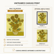 Vincent van Gogh - Vase with Fifteen Sunflowers canvas print size comparison and framing display infographic