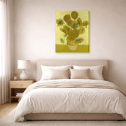 Gallery-wrapped canvas print of Vincent van Gogh's Vase with Fifteen Sunflowers displayed on a wall in a bedroom