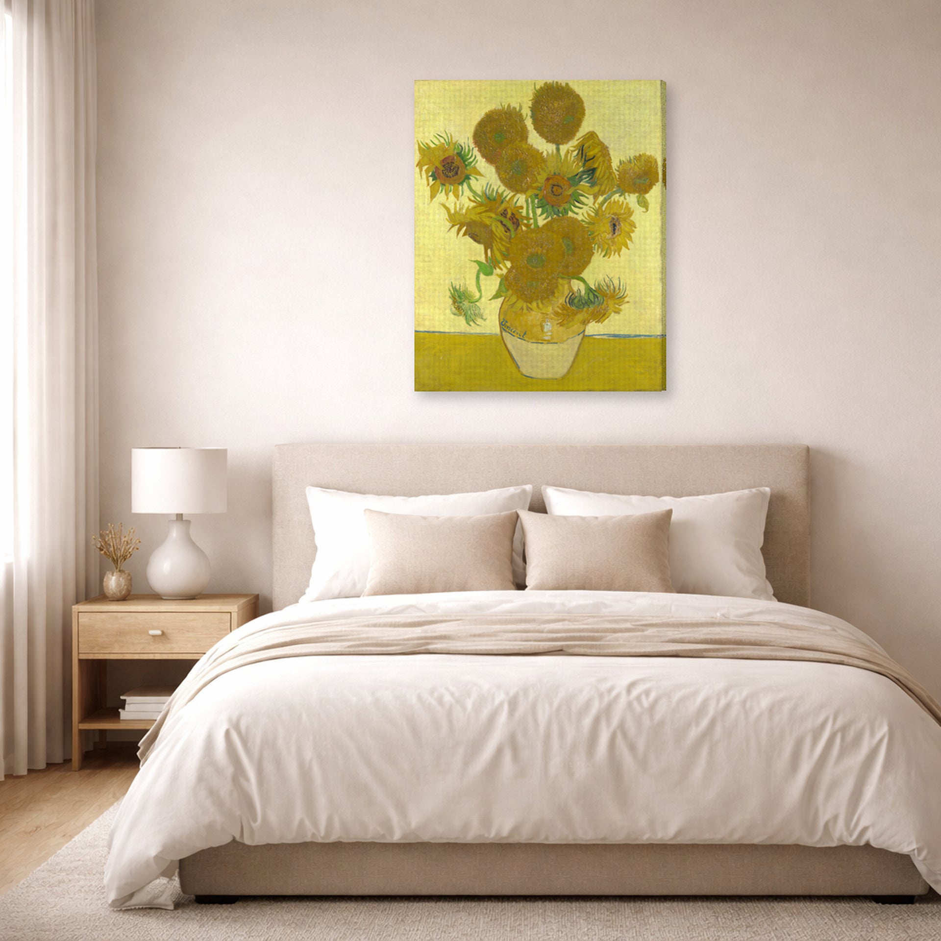 Gallery-wrapped canvas print of Vincent van Gogh's Vase with Fifteen Sunflowers displayed on a wall in a bedroom