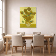 Gallery-wrapped canvas print of Vincent van Gogh's Vase with Fifteen Sunflowers displayed on a wall in a dining room