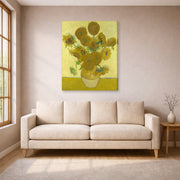 Gallery-wrapped canvas print of Vincent van Gogh's Vase with Fifteen Sunflowers displayed on a wall in a living room