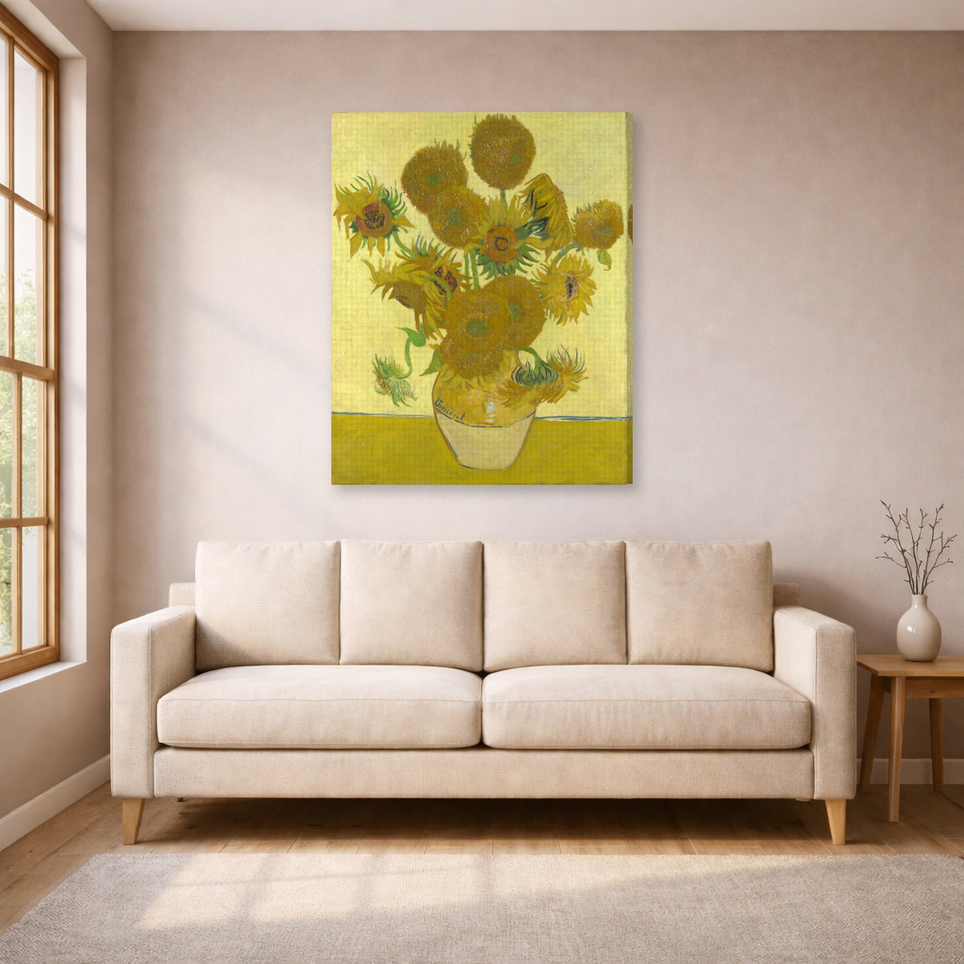 Gallery-wrapped canvas print of Vincent van Gogh's Vase with Fifteen Sunflowers displayed on a wall in a living room
