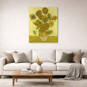 Gallery-wrapped canvas print of Vincent van Gogh's Vase with Fifteen Sunflowers displayed on a wall in a living room