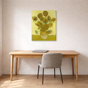 Gallery-wrapped canvas print of Vincent van Gogh's Vase with Fifteen Sunflowers displayed on a wall in a home office