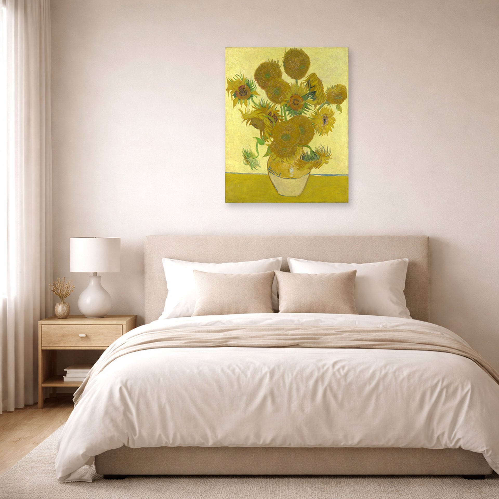 Unframed poster print of Vincent van Gogh's Vase with Fifteen Sunflowers displayed on a wall in a bedroom