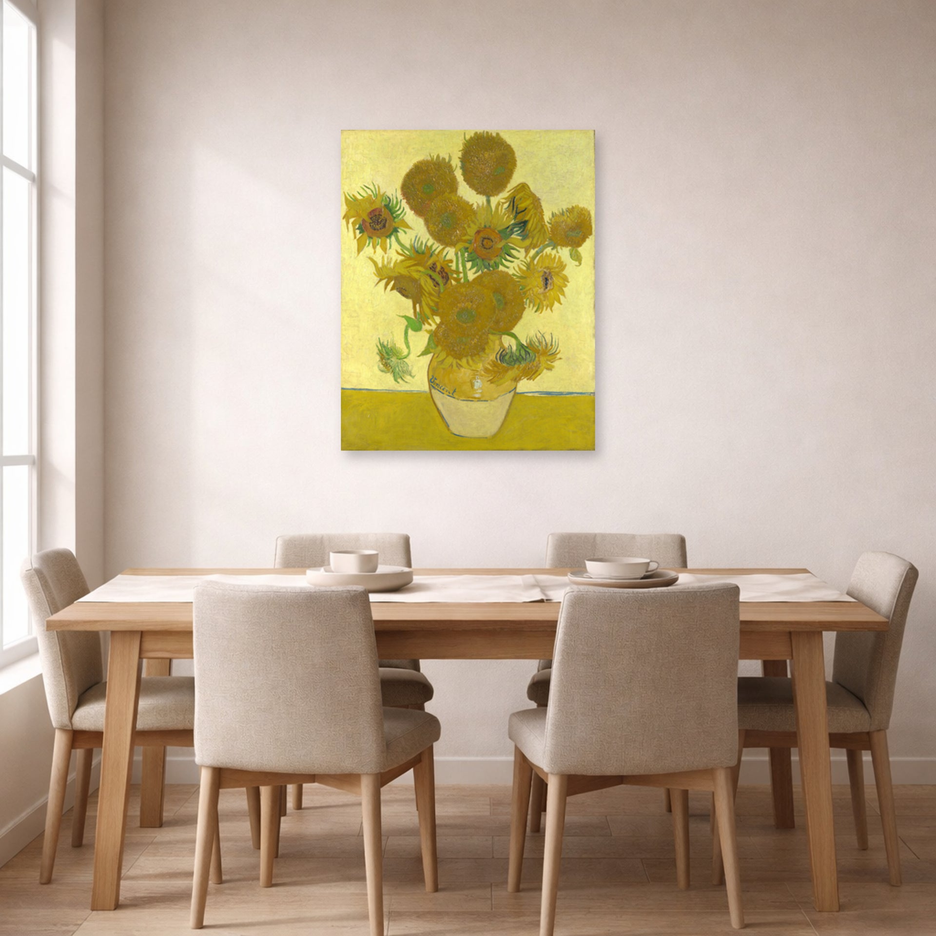 Unframed poster print of Vincent van Gogh's Vase with Fifteen Sunflowers displayed on a wall in a dining room