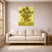 Unframed poster print of Vincent van Gogh's Vase with Fifteen Sunflowers displayed on a wall in a living room