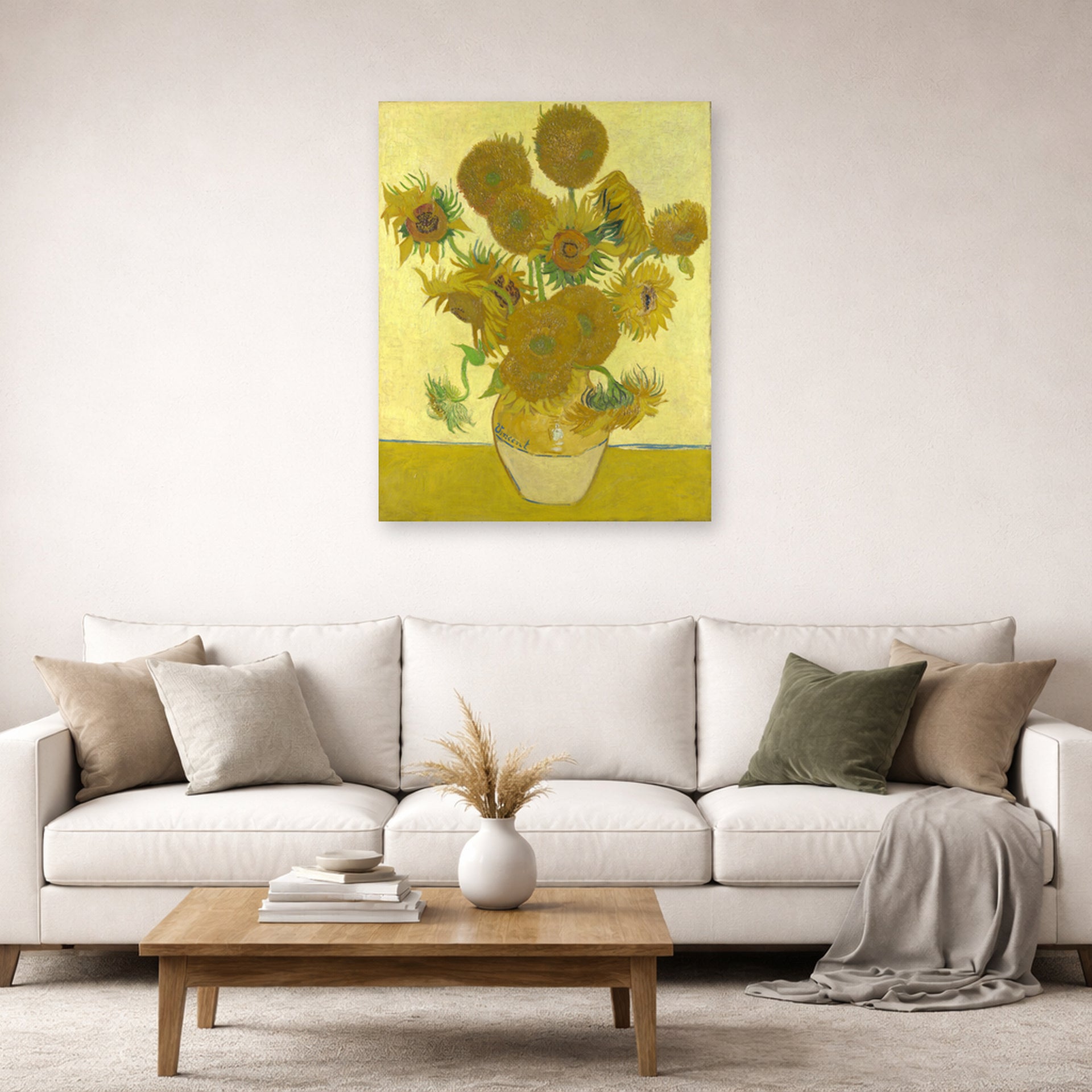 Unframed poster print of Vincent van Gogh's Vase with Fifteen Sunflowers displayed on a wall in a living room