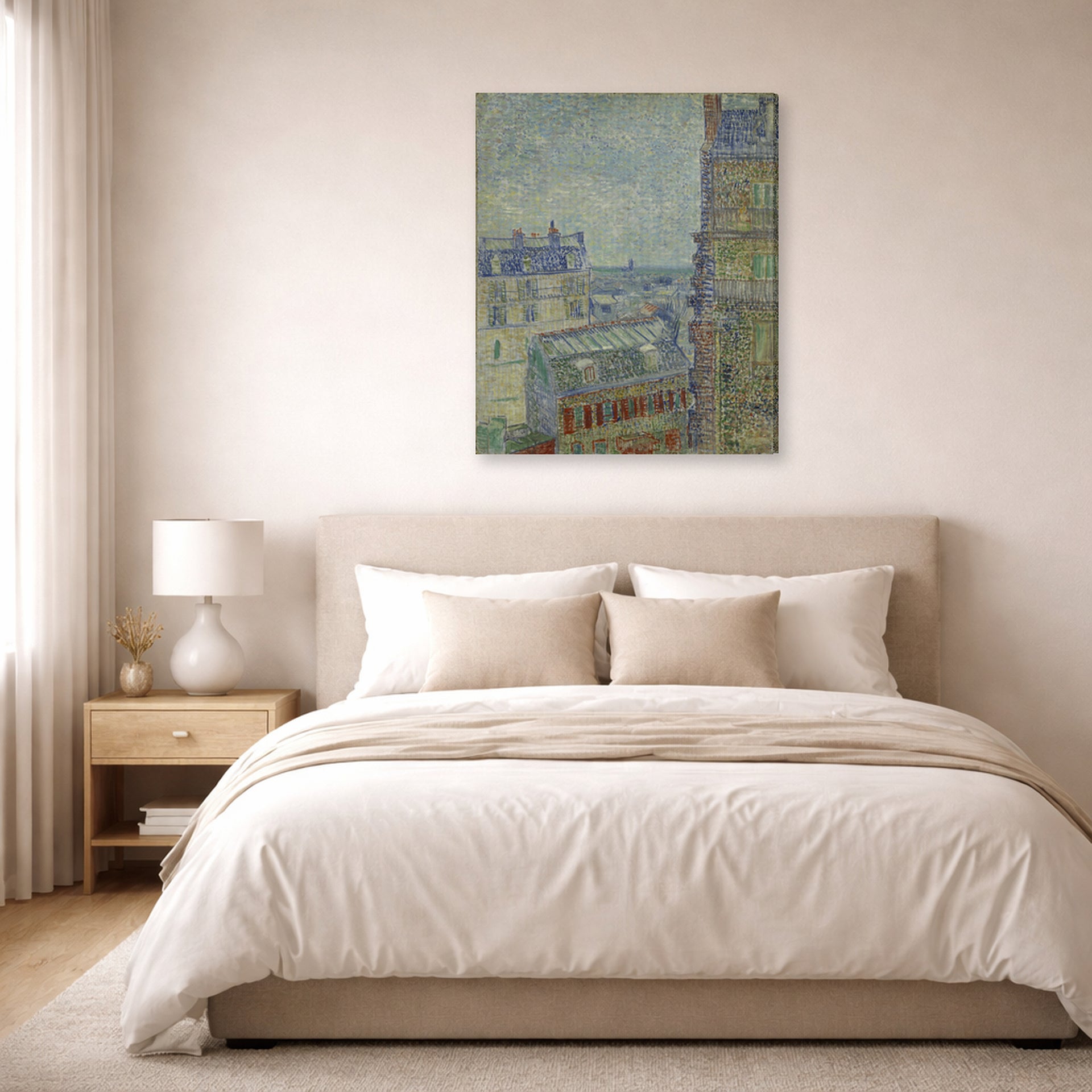 Gallery-wrapped canvas print of Vincent van Gogh's View from Theo's Apartment displayed on a wall in a bedroom