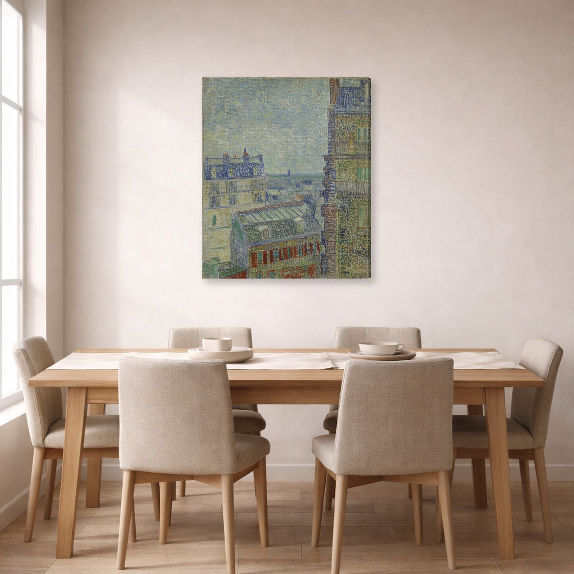 Gallery-wrapped canvas print of Vincent van Gogh's View from Theo's Apartment displayed on a wall in a dining room