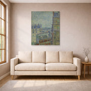Gallery-wrapped canvas print of Vincent van Gogh's View from Theo's Apartment displayed on a wall in a living room