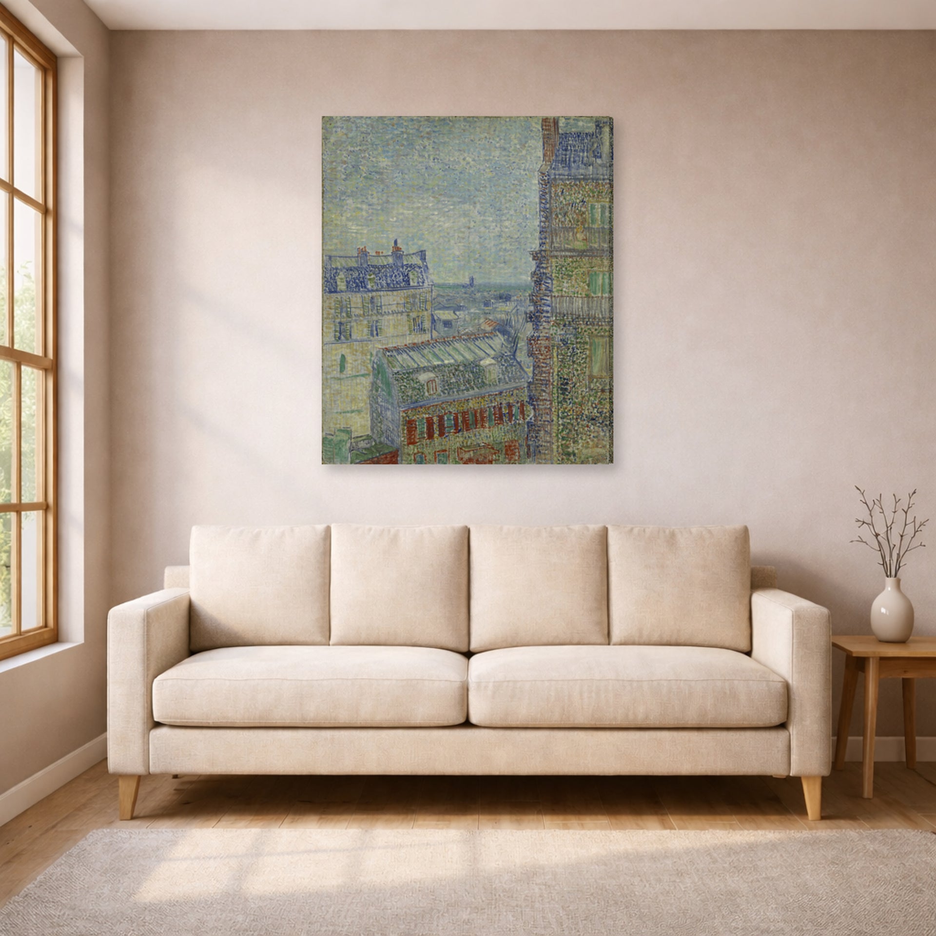 Gallery-wrapped canvas print of Vincent van Gogh's View from Theo's Apartment displayed on a wall in a living room