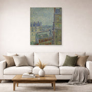 Gallery-wrapped canvas print of Vincent van Gogh's View from Theo's Apartment displayed on a wall in a living room