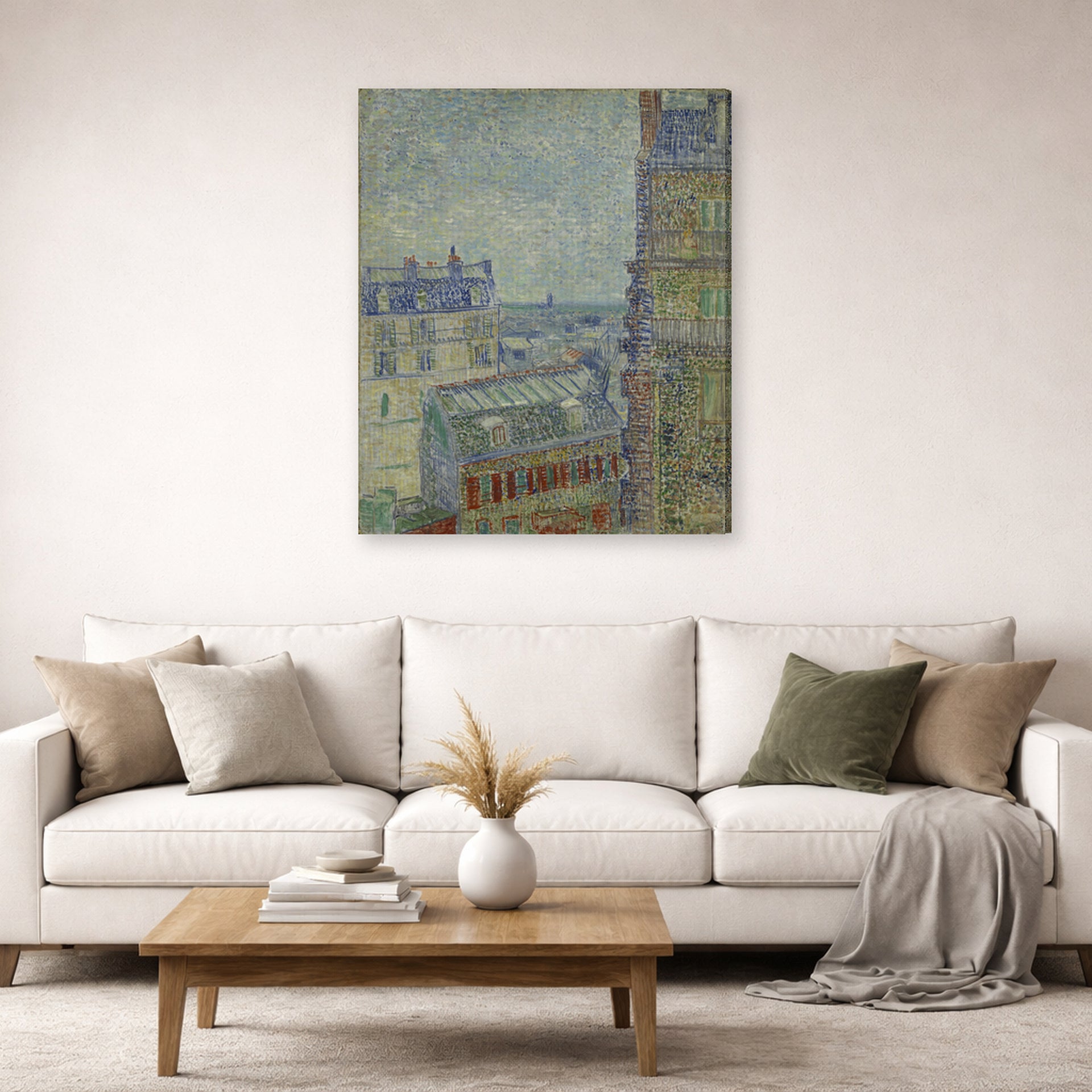 Gallery-wrapped canvas print of Vincent van Gogh's View from Theo's Apartment displayed on a wall in a living room