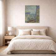 Unframed poster print of Vincent van Gogh's View from Theo's Apartment displayed on a wall in a bedroom