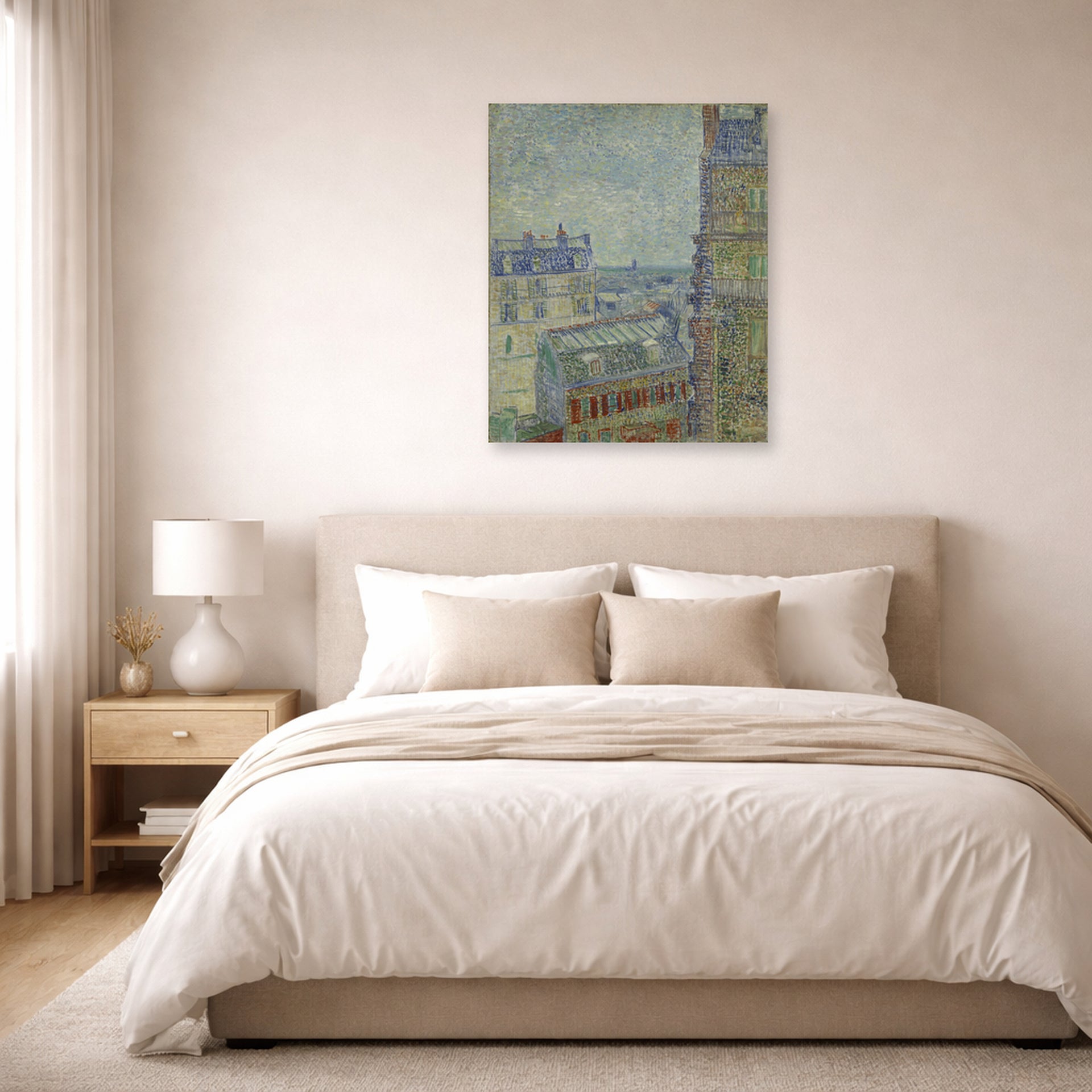 Unframed poster print of Vincent van Gogh's View from Theo's Apartment displayed on a wall in a bedroom