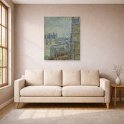 Unframed poster print of Vincent van Gogh's View from Theo's Apartment displayed on a wall in a living room