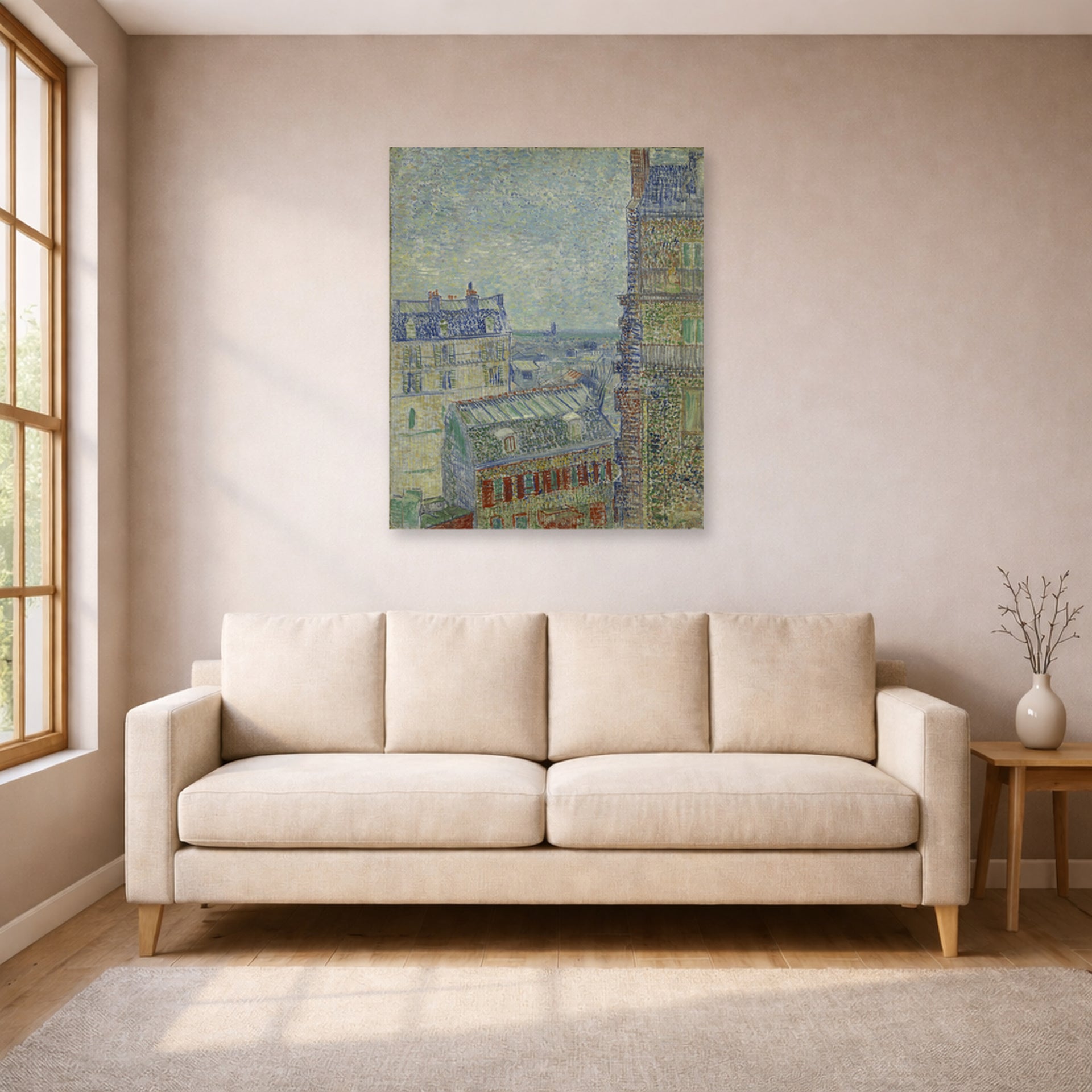 Unframed poster print of Vincent van Gogh's View from Theo's Apartment displayed on a wall in a living room
