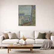 Unframed poster print of Vincent van Gogh's View from Theo's Apartment displayed on a wall in a living room