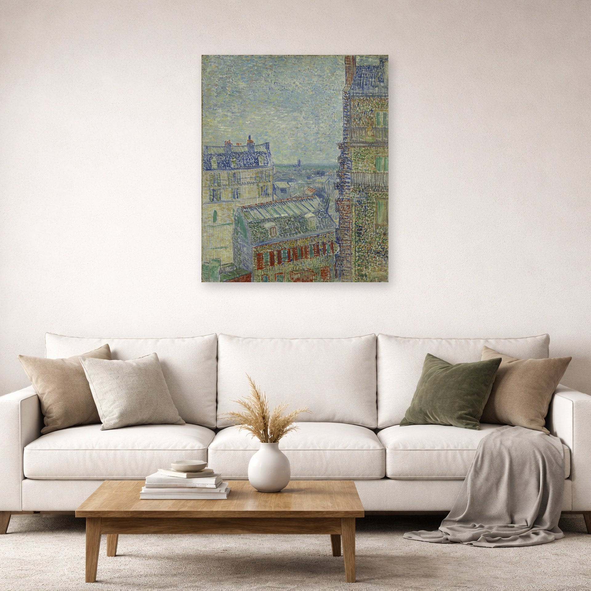 Unframed poster print of Vincent van Gogh's View from Theo's Apartment displayed on a wall in a living room
