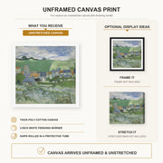 Vincent van Gogh - View of Auvers canvas print size comparison and framing display infographic