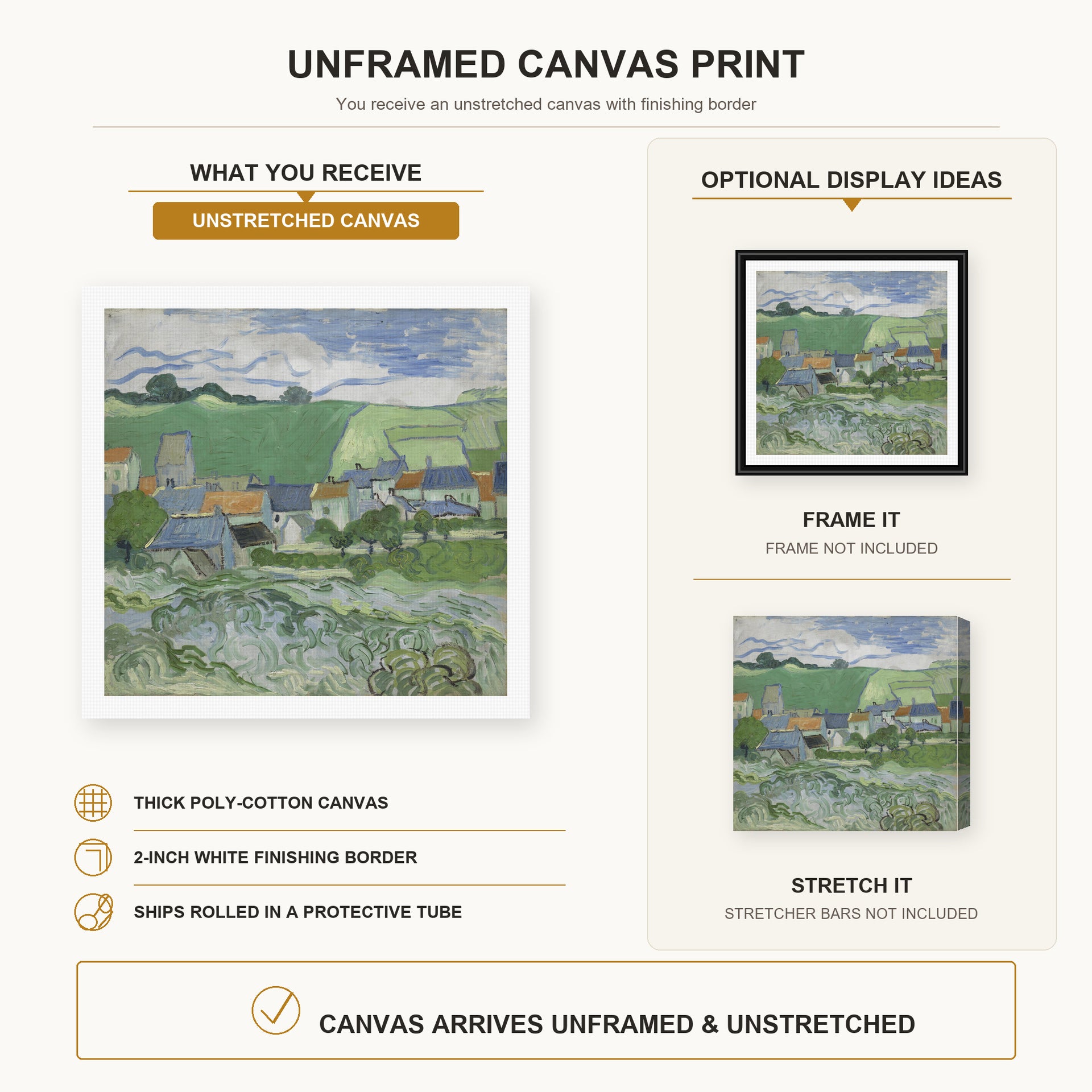 Vincent van Gogh - View of Auvers canvas print size comparison and framing display infographic